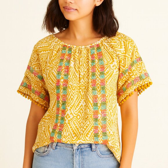Anthropologie THML SZ S Gold & White Embroidered Top Pom Pom Sleeves Boho - Picture 1 of 7